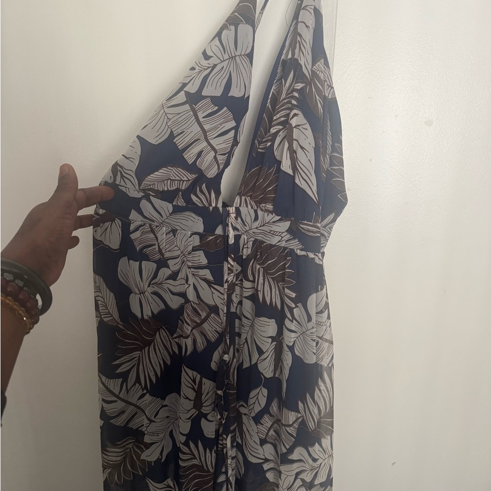 Blue and White Leaf Print Halter Dress